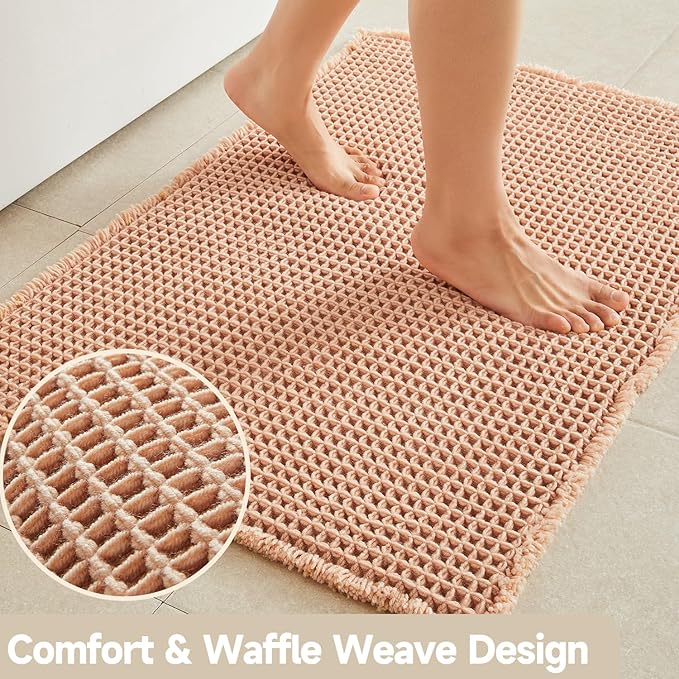 Waffle Bath Mat, Boho Bathroom Rugs Non Slip Washable Super Absorbent Quick Dry Bath Mat Farmhouse Bathroom Decor, 36"x24" Light Peach