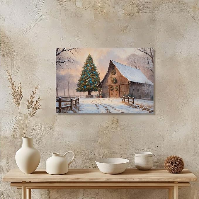Vintage Sunset Winter Barn Print Country Farm Nature Scenery Decorative Painting Suitable for Home Decor Bathroom Bedroom Living Room Decor20x30in(50x75cm)- Unframed