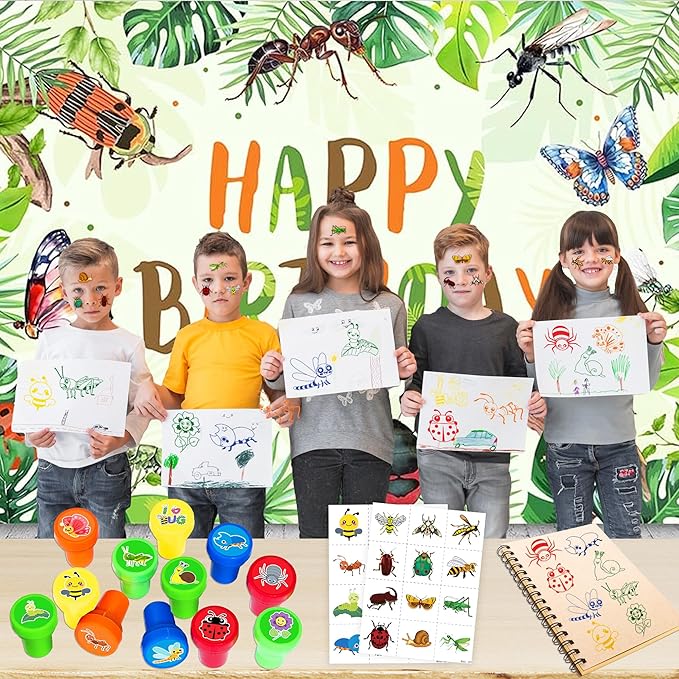 36PCS Bug Party Favors - 24PCS Pre-Cut Temporary Tattoos & 12PCS Stamps - Ideal Spring Summer Animal Themed Birthday Card Decorations Supplies Goodie Bag Kids Gifts Classroom Rewards Prizes
