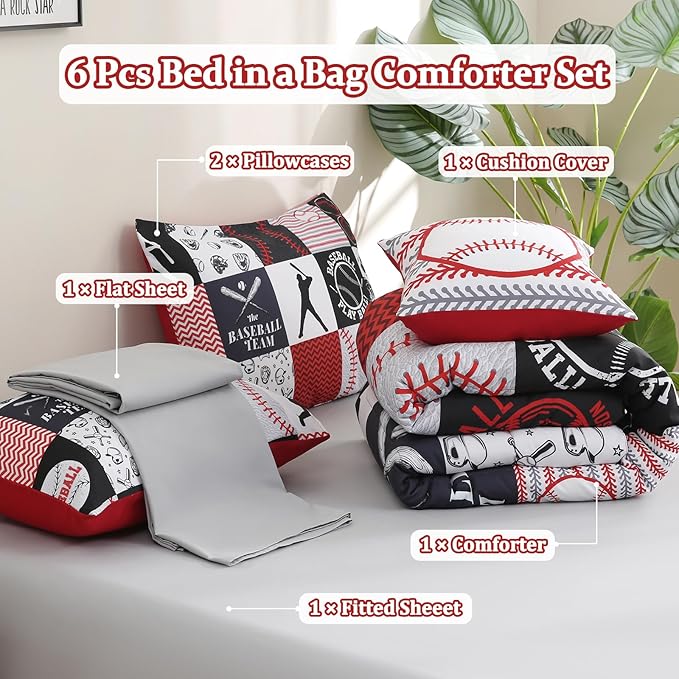 6 Pcs Baseball Bedding Sets Sports Full Comforter Set with Sheets for Boys Kids Teens