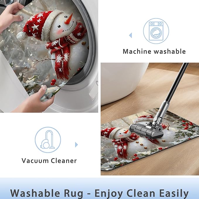 Christmas Snowman Bath Mat 29.5"x17",Slim Low-Profile Fast Drying Super Absorbent Bathroom Rug with Non-Slip Backing, Easy-Clean Modern Floor Mat for Tub, Shower, or Entryway