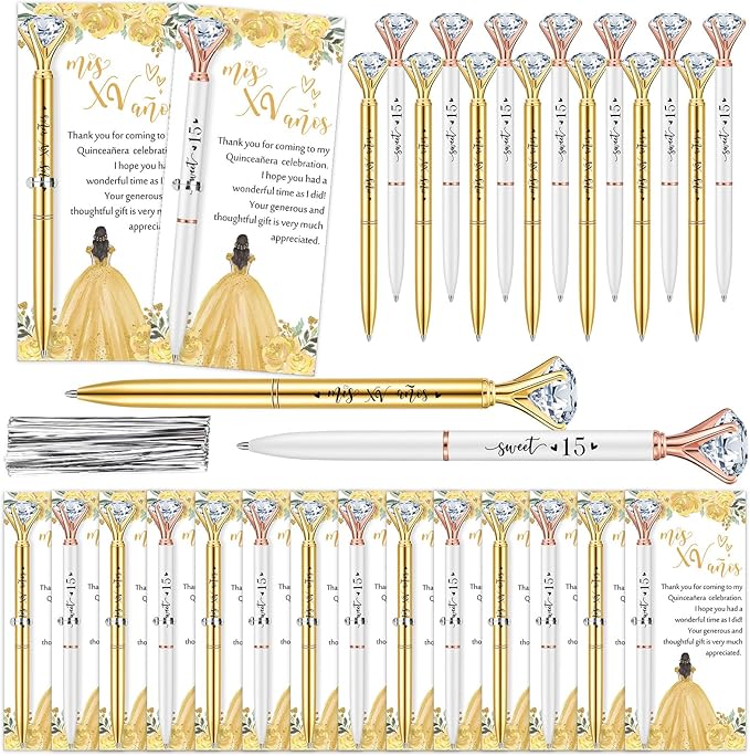 25 Set Quinceanera Party Favors for Guest Sweet 15 Diamond Pens Bulk Mis XV Años Fancy Ballpoint Pen with Thank You Cards and Ties 15th Birthday Thank You Gifts(White, Gold)