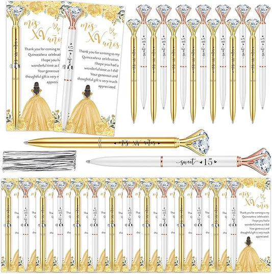 25 Set Quinceanera Party Favors for Guest Sweet 15 Diamond Pens Bulk Mis XV Años Fancy Ballpoint Pen with Thank You Cards and Ties 15th Birthday Thank You Gifts(White, Gold)