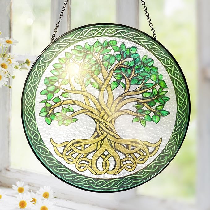 FLAGWIX Tree of Life Gifts for Women Men - Stained Glass Window Hanging 10 in - Birthday Gifts for Mom Grandma, Tree of Life Decorations Indoor, Celtic Suncatchers Garden Decor