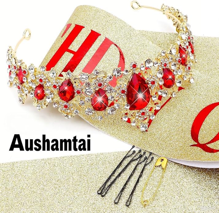Red and Gold Birthday Queen Crown for Women Prom Queen Sash and Tiara Set Birthday Queen Sash and Crown Set for Women Red Rhinestone for Party Hair Accessories