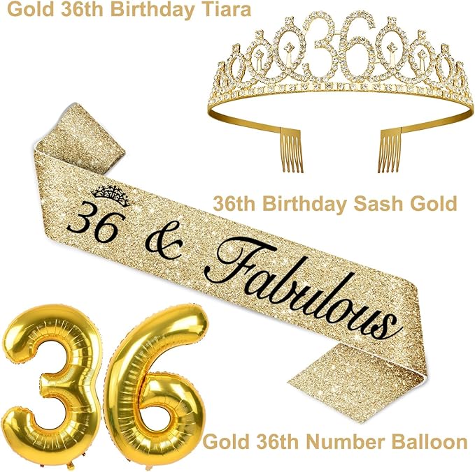 36th Birthday Decorations for Women Gold with 36th Birthday Sash and Tiara, Cake Topper and Candles, Number Balloons, 36 Year Old Gifts for Women