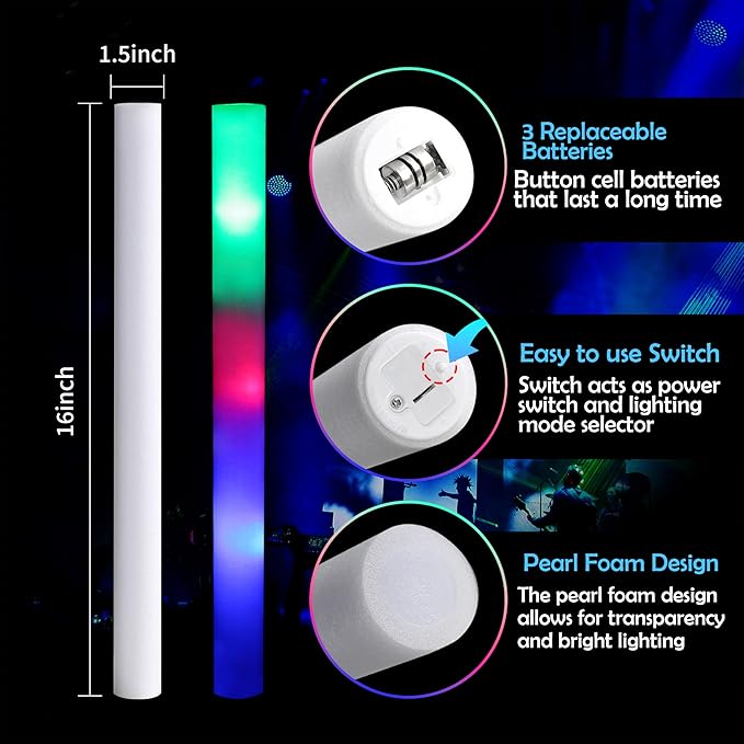 Pack of 100, Custom LED Party Foam Light Sticks for Wedding, Birthdays, Guests, Party, DJ, Concerts, Festivals, Events, Promotions 3 Color Lighting Modes Batteries 16"