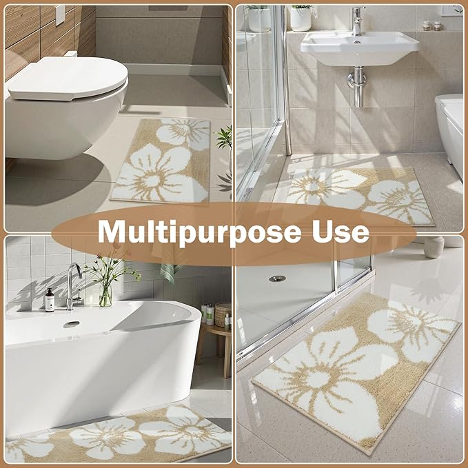 Uphome Bath Mats for Bathroom, 18x26 Modern Floral Bathroom Rug Non Slip, Soft Machine Washable Absorbent Quick Dry Bathroom Mat for Tub, Shower, Floor (Beige)
