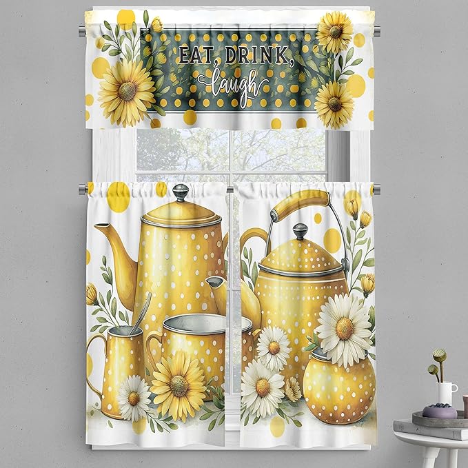 Ambesonne Eat Drink Laugh Valance & Tier Curtain 3 pcs Set, Vintage Summer Themed Print of Tea Pots Mugs and Cups Daisies, Window Treatments for Kitchen Room Decor, 55" x 36", Mustard and Hunter Green
