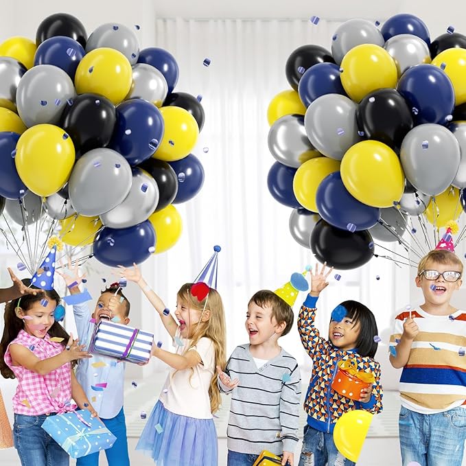 60pcs Black and Yellow Balloons 12inch with Navy Blue Yellow Gray Metallic Silver Balloons for Baby Shower Birthday Party Decorations for Men