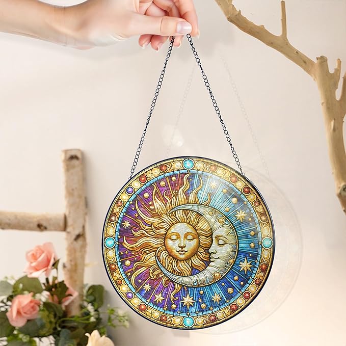 FLAGWIX Spiritual Gifts for Women Men - Stained Glass Window Hanging 8 in for Sun and Moon Decor - Sun Catchers Indoor Window, Boho Suncatchers for Celestial Decor