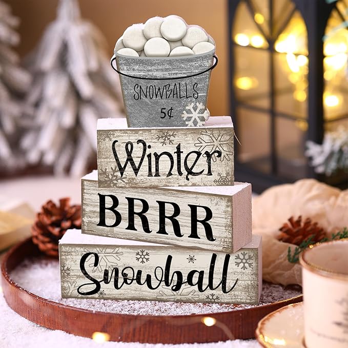 4 Pcs Winter Table Decorations Winter Tiered Tray Decor Christmas Table Centerpiece Rustic Decorative Snowball Snow Bucket Block Sign Farmhouse Christmas Decorations for Home Kitchen Shelf