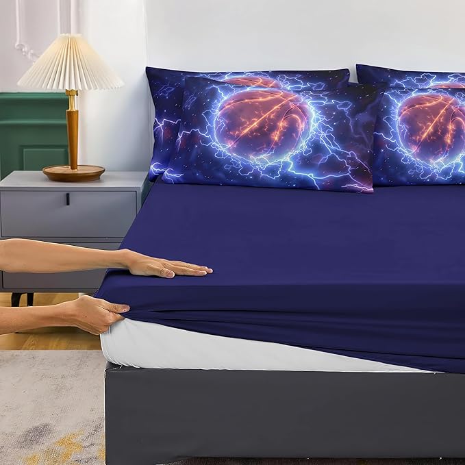 Helloosun 5PCS Basketball Comforter Set Twin,Sports Bedding Sets for Boys,Twin Comforter Sets for Boys,Blue Lightning Basketball Bedding Set with Sheets