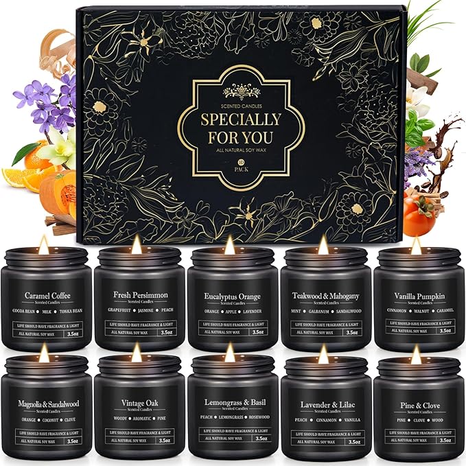 10 Pack Scented Candles for Men, Masculine Candle Gift Set with Woody & Fresh Scents, Soy Wax Aromatherapy Candles for Home, Gifts for Him, Boyfriend, Christmas