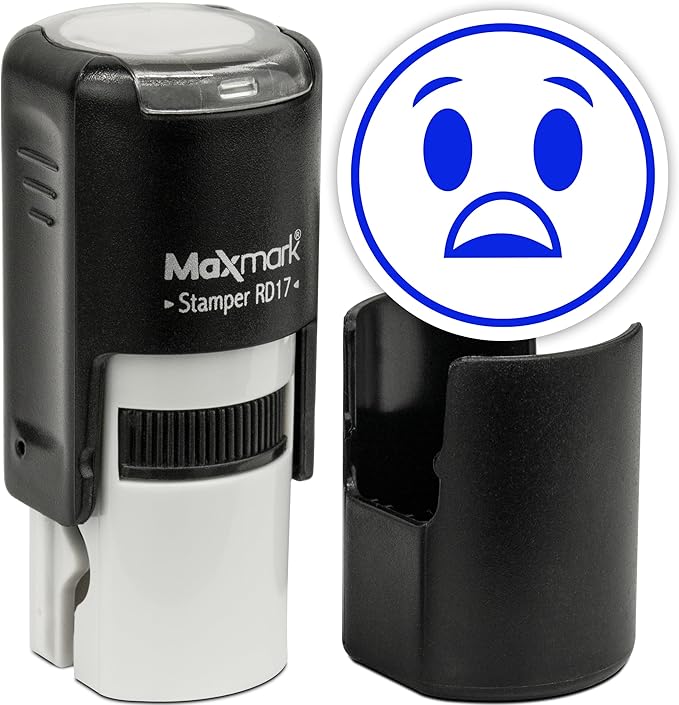 MaxMark Round Self Inking Emoji Stamp - Surprised - Blue Ink