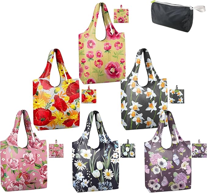 BeeGreen Froral Reusable Grocery Bags Reusable Kitchen Bags Bulk Foldable-Machine Washable with Zipper Storage Pouch 6 Packs