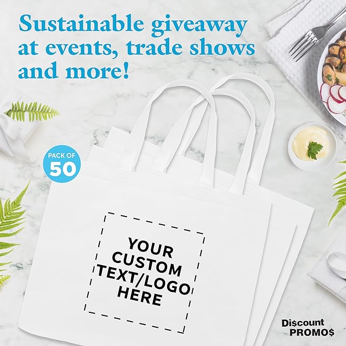 DISCOUNT PROMOS Custom Jumbo Sized Tote Bags Set of 50, Personalized Bulk Pack - Reusable Grocery Bags, Shopping Bags, Promotional Item Totes for Women - White