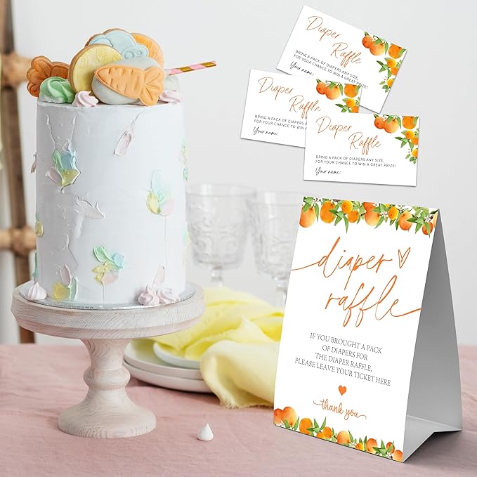 Baby Shower Diaper Raffle Game Set - Watercolor Orange 1 Standing Sign & 50 Diaper Raffel Tickets - Baby Announcement, Gender Reveal Party Activities & Decorations for Boys, Girls - A01