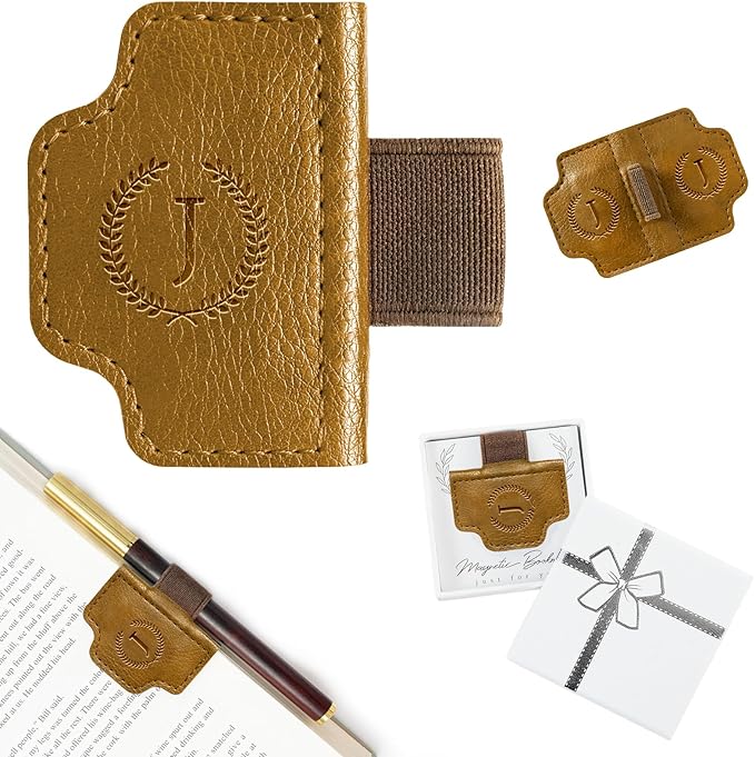 BygoneMark Magnetic Leather Bookmark with Pen Holder, Personalized Custom Initial Page Marker & Pen Clip, Professional Book Accessory for Students (Light Brown-J)