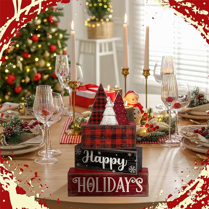 4 Pcs Christmas Table Decor Wooden Tree Decoration Christmas Centerpiece Winter Tiered Tray Decor Decorative Red and Black Buffalo Plaid Block Signs Gift Farmhouse Xmas Decoration for Kitchen