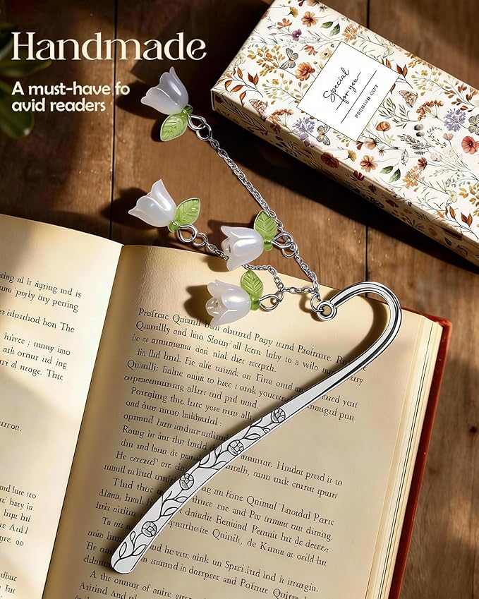 Buleens Bookmarks for Women Reading - Book Marks for Readers Book Lovers, Cute Sliver Lily Floral Personalized Metal Bookmark with Pendants, Pretty and Aesthetic Book Accessories Reading Gifts