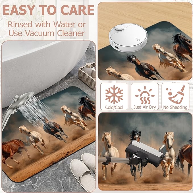 Non Slip Bath Mat,Horses Running Bathroom Decor,Desert Landscap Diatomaceous Bath Mat Quick Dry Absorbent Bathroom Rugs-Shower Rug for Kitchen Laundry Bathtub Shower 17"x29.5"