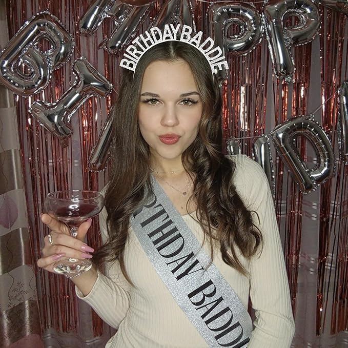 Canitor Birthday Baddie Sash Crown Set Birthday Party Favors Supplies Decorations & Accessories for Women Girl Men Adult Rhinestone Tiara Headband Soft Satin Sash