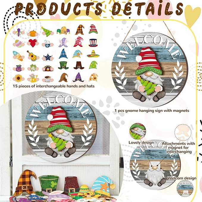 Qunclay Interchangeable Wooden Gnome Decor Holiday Seasonal Gnome Decorations with Magnet Pieces and Detachable Hats Changeable Welcome Sign for Home(Antique Style)