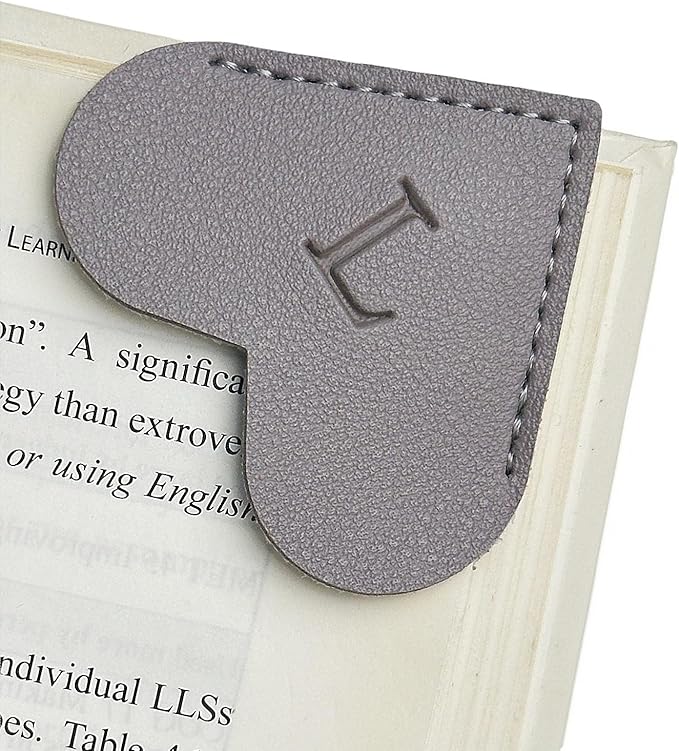 MOTEERLLU Personalized Leather Heart Bookmark with Initial, Cute Letters Custom Corner Book Mark for Reading Women, Teacher, Student, Book Lovers Gifts & Accessories(Grey, L)