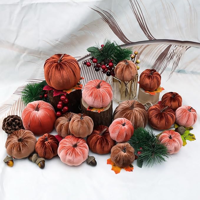 Woration 18pcs Fake Artificial Velvet Pumpkin Fall Decoration 3 Size Faux Foam Fabric Pumpkins Halloween Decor for Home Farmhouse Harvest Thanksgiving - Brown Series