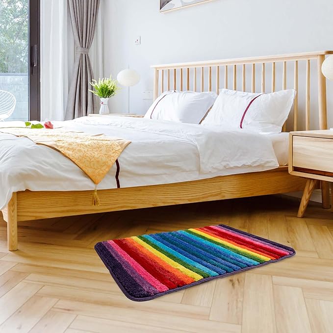 NIENLCIP Rainbow & Colorful Bathroom Rug, Soft Plush Non-Slip Bath Mat, Machine Washable Absorbent Shower Rug with Rubber Backing for Bathroom/Toilet, 20" x 32"