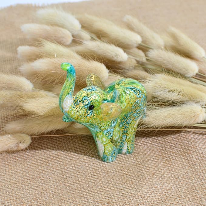 Handmade Murano Glass Elephant Figurine, Green Millefiori with 24K Gold Finish, 4" Tall, Elephant Statue Decor, Gold Elephant Statue, Home Décor Accents, Tiny Elephant Figurine, Made In Italy
