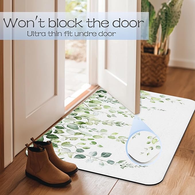 Vintage Eucalyptus Leaves Bath Mat 29.5"x17",Slim Low-Profile Fast Drying Super Absorbent Bathroom Rug with Non-Slip Backing, Easy-Clean Modern Floor Mat for Tub, Shower, or Entryway