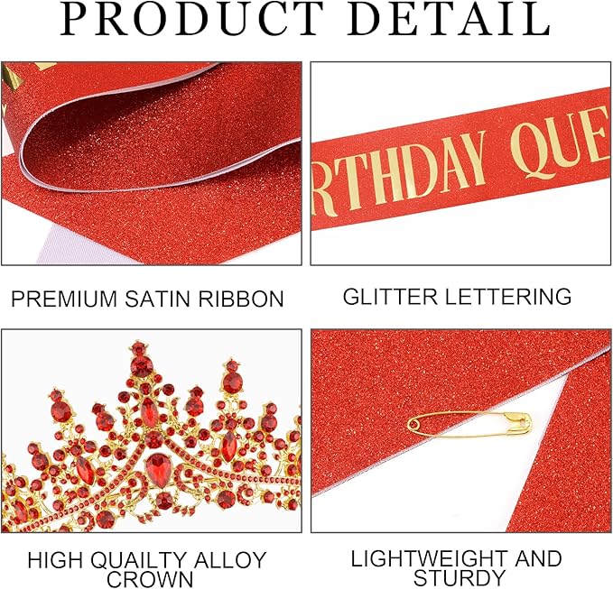 COCIDE Red Birthday Sash and Crown for Women - Crystal Tiaras Decorations for Girl,Glitter Rhinestone Gifts Headband Sashes Decor,Coronas for Queen,Happy Birthday Accessories Party Favors