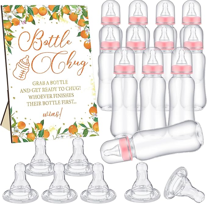 TrelaCo Little Cutie Cool Baby Shower Games Bottle Chug Sign Wooden Orange Theme Gift Sets Gender Reveal Party supplies and 12 Pcs Baby Bottle Shower Favor for Games Gender Reveal