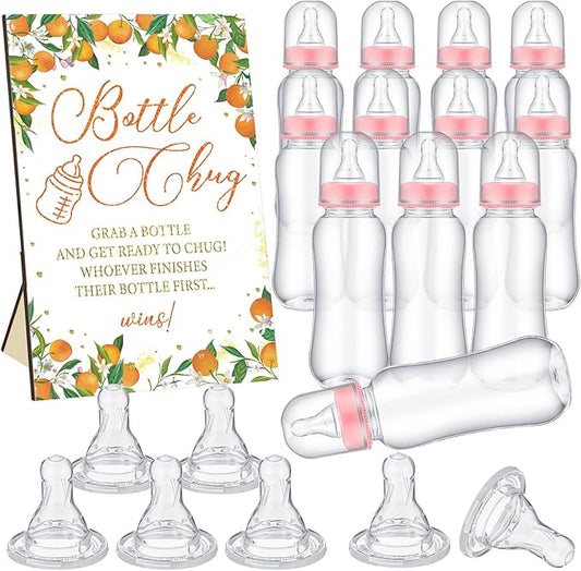 TrelaCo Little Cutie Cool Baby Shower Games Bottle Chug Sign Wooden Orange Theme Gift Sets Gender Reveal Party supplies and 12 Pcs Baby Bottle Shower Favor for Games Gender Reveal