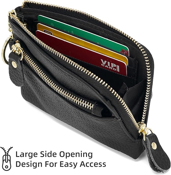 Genuine Leather Coin Purse for Women with Large Opening & Wrist Strap Navy (Black)