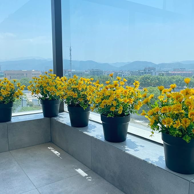 alyptus Fake Flowers Yellow Flowers for Spring Summer Decor - 8 Bundles Outdoor Christmas Flowers UV Resistant Artificial Flower for Home Garden Window Decor