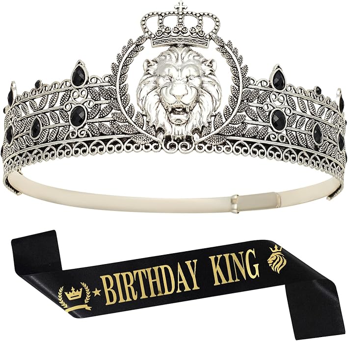 King Crown and Birthday Sash, King Crown for Men,Gold Men's Tiara Prince Diadem,Royal Medieval Cosplay Birthday Prom Halloween Hair Accessories