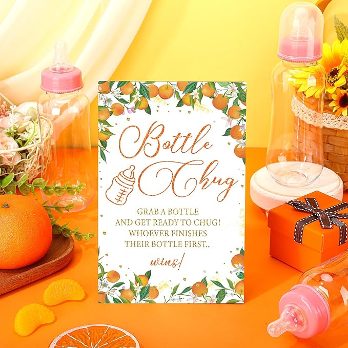 TrelaCo Little Cutie Cool Baby Shower Games Bottle Chug Sign Wooden Orange Theme Gift Sets Gender Reveal Party supplies and 12 Pcs Baby Bottle Shower Favor for Games Gender Reveal