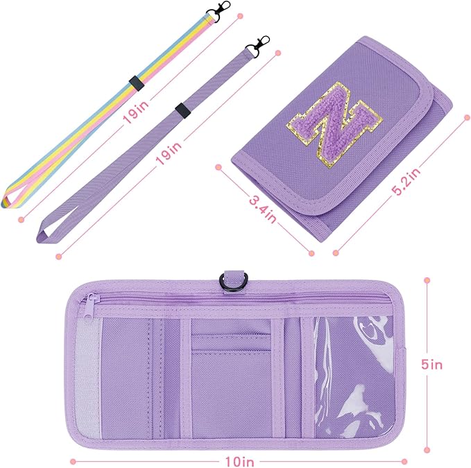 Kids Wallet Girls Cute Initial Toddler Wallet with Magic Sticker Coin Purse Gifts for Girls with Zipper, Card Slots and 2 Removable Neck Lanyards (Purple, N)