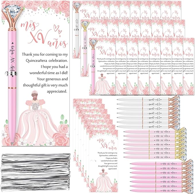 25 Sets Quinceanera Party Favors Sweet 15 Diamond Pens Fancy Ballpoint Pens with Crystal Birthday Party Thank You Cards and Ties Thank You Gifts for Guests Back School(White, Pink)
