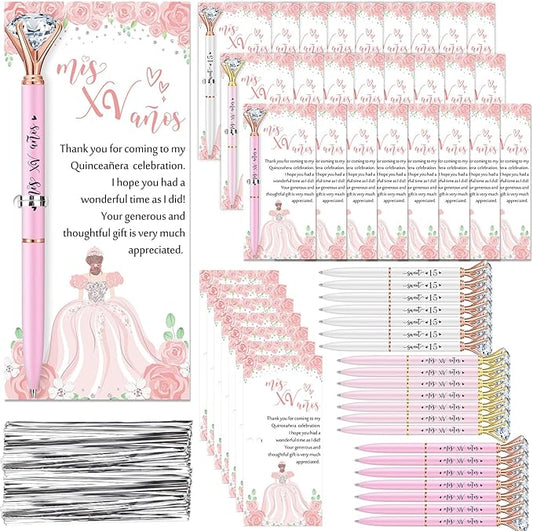 25 Sets Quinceanera Party Favors Sweet 15 Diamond Pens Fancy Ballpoint Pens with Crystal Birthday Party Thank You Cards and Ties Thank You Gifts for Guests Back School(White, Pink)