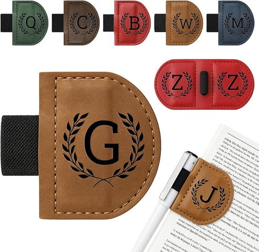 Personalized Bygone Mark Bookmark with Pen Holder,Engraving Leather Magnetic Bookmarks Vintage 26 Letters Name Initials Text Book Marker Clips Gifts for Reading Book Lovers Women (Brown, G)
