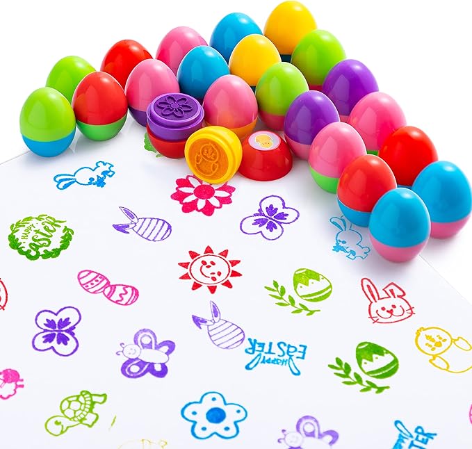 JOYIN 24Pcs Easter Egg Stampers Toys for Easter Eggs Hunt Game, Basket Stuffers Fillers, Kids Party Favor, Assorted Self-ink Stamp for Classroom Exchange and Prize Supplies Gifts