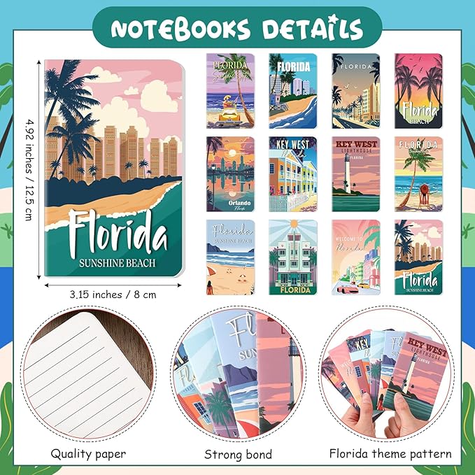 24 Pcs Florida Notebook with Pens Souvenirs Gifts Set, 12 Ballpoint Pens and 12 Notebooks, USA Florida Souvenirs for Traveler Office Supplies Birthday Gifts