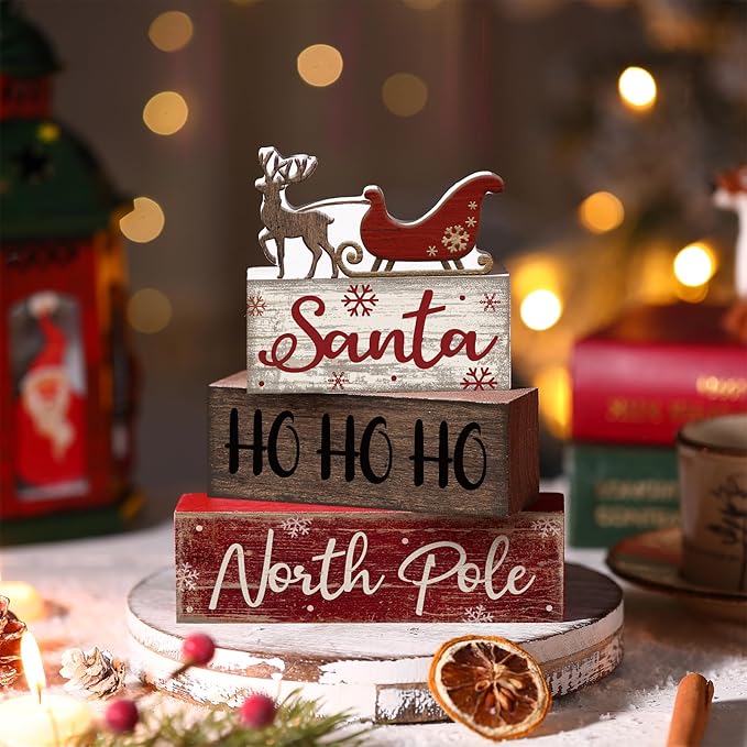 4 Pcs Reindeer Christmas Table Decor Wooden Reindeer Christmas Tiered Tray Decor Xmas Centerpiece Decorative Red Deer Pulled Sleigh Block Signs Gift Farmhouse Xmas Decoration for Home Kitchen
