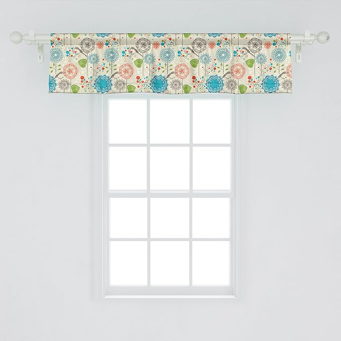 Ambesonne Floral Window Valance Pack of 2, Retro Doodle Flower Field Dandelions Daisy Birds Circles Cheerful Image, Rod Pocket Curtain Valances for Kitchen Bedroom, 42" X 12", Deep Sky Blue