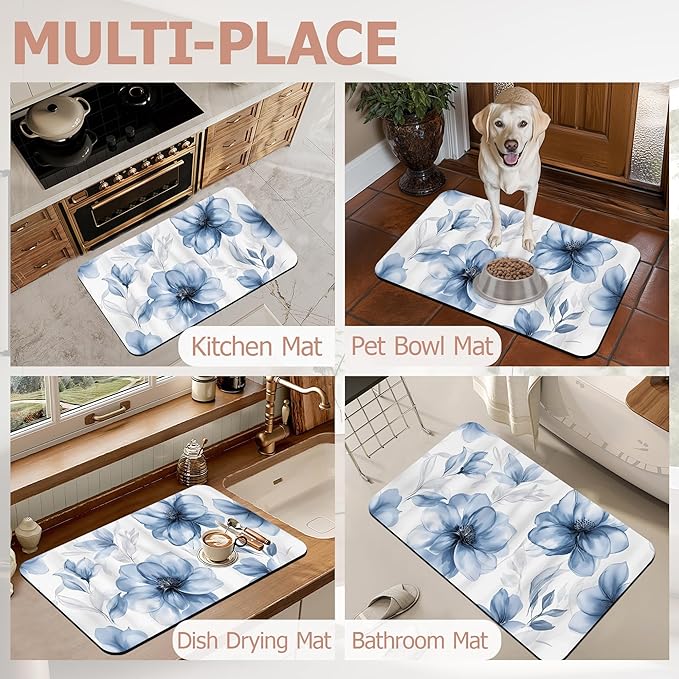 Bath Mat,Blue Gray Watercolor Floral Bathroom Rugs,Quick-Drying Non-Slip Rubber Bath Mats Absorbent Diatomaceous Earth Mat for Bathroom Home Decor 17"x29.5"