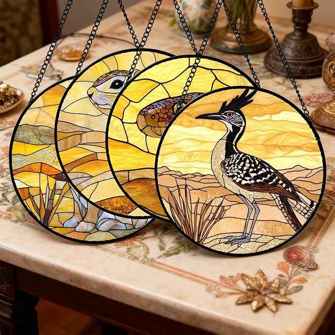 Stained Glass Window Hanging 4 Pcs Set Animals Large 11.8" - Desert Landscape Yellow Suncatcher Door Garden Sun Catcher Decor Birthday Christmas for Mom Woman Nana Men